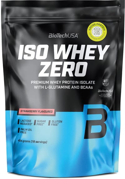 BioTechUSA Iso Whey Zero | Premium wei-eiwitisolaat | Grasgevoerd | Enzymvrij | Suiker- en glutenvrij, 454 g, Aardbei