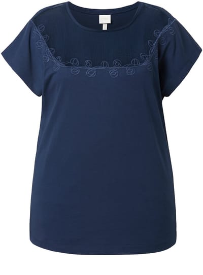 Ulla Popken - Dames - T-shirt gehaakt inzetstuk ronde hals korte mouwen - Marine - Maat 42+