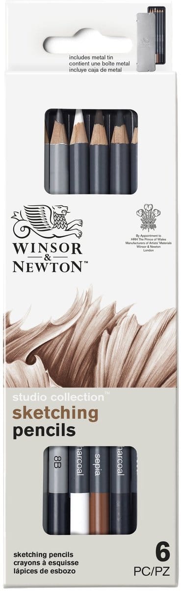 Winsor & Newton 0490011 Studio Collection Sketchpotloden Set x6 – Grafiet & Houtskool Tekenpotloden met Sepia