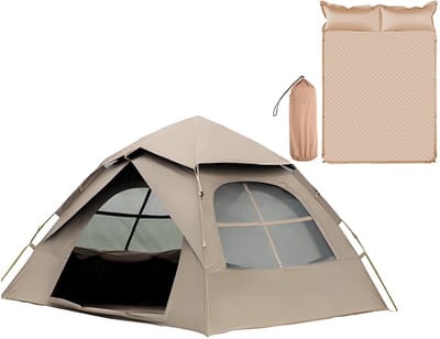 Automatische Pop-up Tent met Slaapmat - Vierhoekige Kampeertent voor 2-3 Personen - Waterdicht met Vaste Zonnekap - Inclusief Draagtas - Ideaal voor Gezinscamping en Festivals - Met Zwarte UV-Block Coating - Snelle 3-Seconden Opzet - Kaki