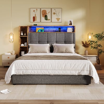 Wishdor – Gestoffeerd bed met opbergruimte en USB-C – 90 x 200 cm – LED-verlichting – Hydraulisch hefsysteem – Linnen en MDF – Grijs – Modern