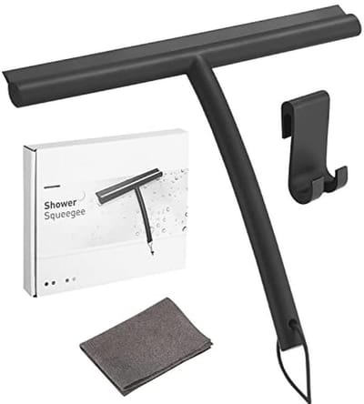 Shower Wiper Silicone, Shower Window Wiper, Non-Slip, No Drilling, Free Chamois, Shower Scraper, Stainless Steel Core, Suitable for Bathrooms, Kitchens, Windows, Tabletops (24cm Wide, Black