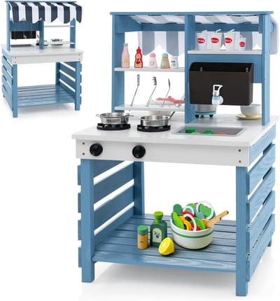 KOMFOTTEU Houten Modderkeuken - dubbelzijdige - buiten speelkeuken - met overkapping, afneembare bak met kraan, 6 keukenaccessoires en geluidseffecten - kinderkeuken voor kinderen vanaf 3 jaar