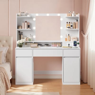 Conway Living® -XXL Kaptafel - Make Up Tafel met Spiegel - 9 LED Lampen - Met 2 Stopcontacten & USB A & USB C - 3 Lades en 2 Kasten met 8 Planken - 144x110x40 cm - Wit