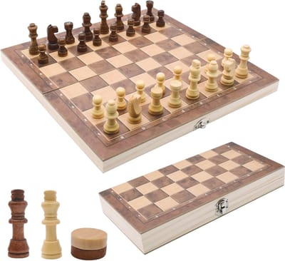 3-in-1 Houten Schaakspel - Draagbaar Schaakbord met Handgemaakte Figuren en Opbergdoos