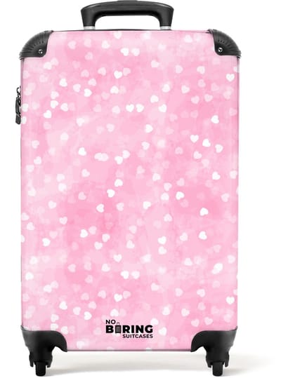 NoBoringSuitcases.com - Koffer - Roze glitter hartjes - Past binnen 55x40x20 cm en 55x35x25 cm - Trolley handbagage - Valiezen met wieltjes volwassenen - Reiskoffer op wielen - Rolkoffer lichtgewicht