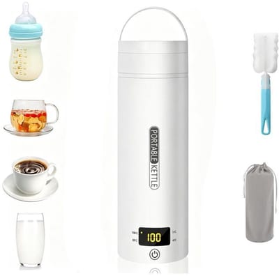 KZQ Elektrische Reiswaterkoker - Draagbare Waterkoker - Gemaakt van 304 roestvrij staal - Temperatuurinstelling - Zet gemakkelijk koffie, thee en melk, altijd en overal - Wit - 500 ml - Inclusief schoonmaakborstel en opbergtas