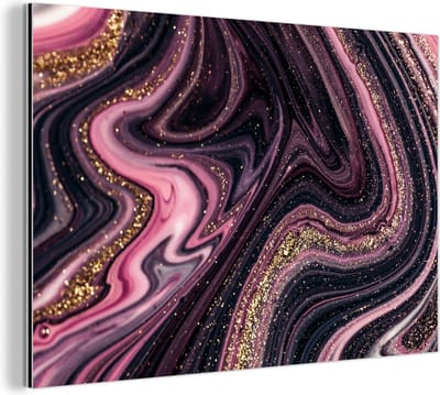 Wanddecoratie Metaal - Aluminium Schilderij Industrieel - Marmerlook - Roze - Paars - Goud - Luxe - Marmer - 180x120 cm - Dibond - Foto op aluminium - Industriële muurdecoratie - Voor de woonkamer/slaapkamer