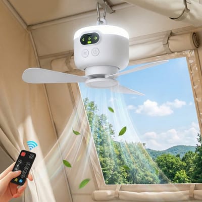 Rosnek Draagbare Campingventilator met LED Lamp - 8000mAh Oplaadbare Tent Ventilator - Compacte Plafondventilator met Afstandsbediening - Outdoor - RV