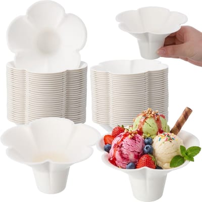 Composteerbare ijsbekers van 50 stuks - 280 ml - Bloemvormige papieren bekers - Perfect voor desserts, taarten, snacks, zomerbruiloften en verjaardagsfeestjes - Wit