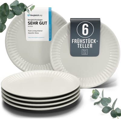 Pure Living Hygge Ontbijtborden & Dessertborden - Beige - 6 Stuks (Ø 20 cm) - Krasbestendig Aardewerk - Magnetron & Vaatwasserbestendig - Met Ribbelstructuur
