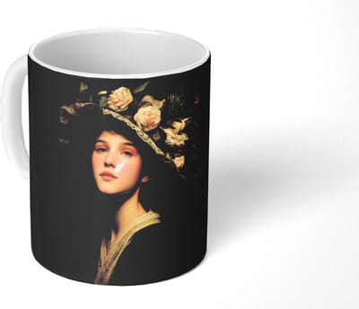 Mok - Koffiemok - Bloemenhoed - Portret - Vrouw - Mokken - 350 ML - Beker - Koffiemokken - Theemok