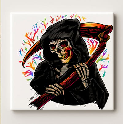 Grim Reaper Kunsttegel – 15x15cm Gotische Keramische Muurdecoratie, Donker Fantasie Schedelontwerp, Perfect Cadeau voor Horror- of Halloweenliefhebbers