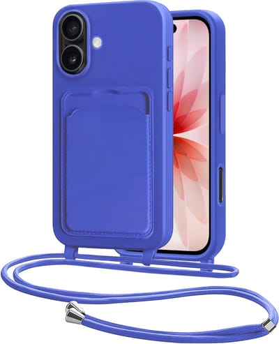 Hoes Geschikt voor iPhone 17 Hoesje Pasjeshouder Cover Met Koord Case Siliconen Hoes Met Telefoonkoord en Kaarthouder - Felblauw