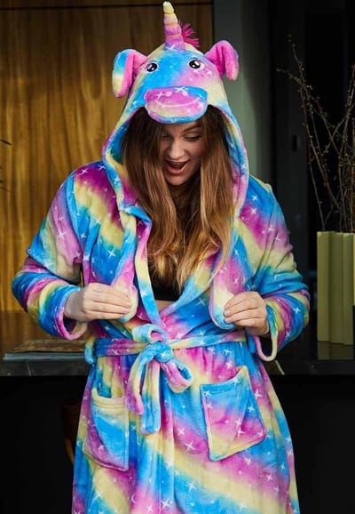 Unicorn damesbadjas – Dames badjas regenboog kleuren – Fleece badjas met oortjes – Fleece damesbadjas vrolijke kleuren – Damesbadjas capuchon – L/XL