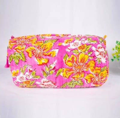 Bambooya toilettas - Bohemian - Ibiza Style - Made in India - Tassel - roze bloemen - Medium ( 21 x 17 x 9 cm)