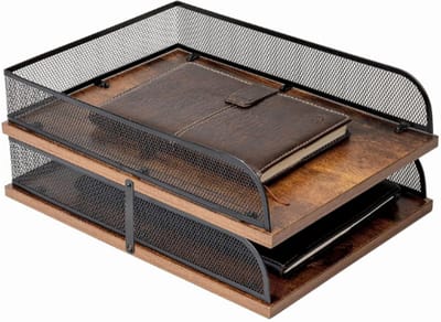 Set Van 2 Vintage Hout En Metalen Brievenbak - Bureauorganisatoren Papieren Lade - Kantoorbestandsorganizer (Zwart)