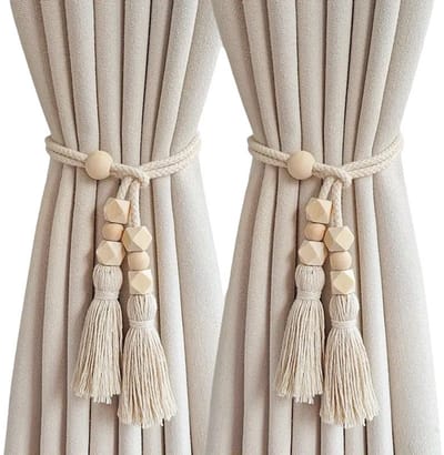 2 stuks Tassel Window Holdback, Decorative Tiebacks for Curtains, Wooden and Polyester Cotton Design, Stylish Holders, Flexible Clips, Creative Elegant Tieback for Outdoor and Indoor Use