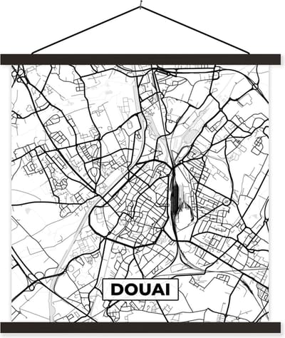 Posterhanger incl. Poster 60x60 cm - Schoolplaat - Frankrijk - Douai - Stadskaart - Plattegrond - Kaart - Zwart wit - Textielposter - Zwarte latten - Stadskaart