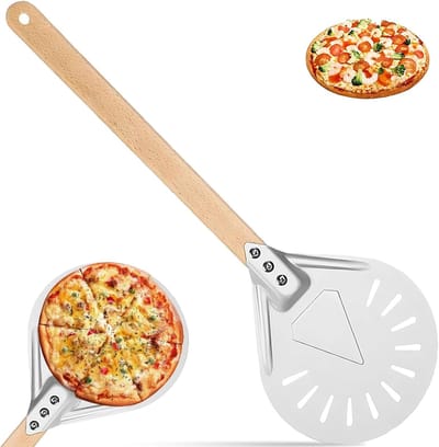 Perforated Pizza Draaischijf van 7 Inch met Lange Houten Handgreep, Antiaanbaklaag voor Thuisgemaakte Pizza's, Aluminium Bakpaddle voor Brood en Taart, Professionele Niet-Slip Pizza Spatel