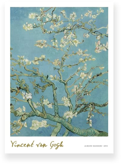 Poster 20x30 cm - Amandelbloesem - Vincent van Gogh - Bloesemtakken - Blauw - Wit - Postimpressionisme - Botanisch - Muurdecoratie - Wanddecoratie