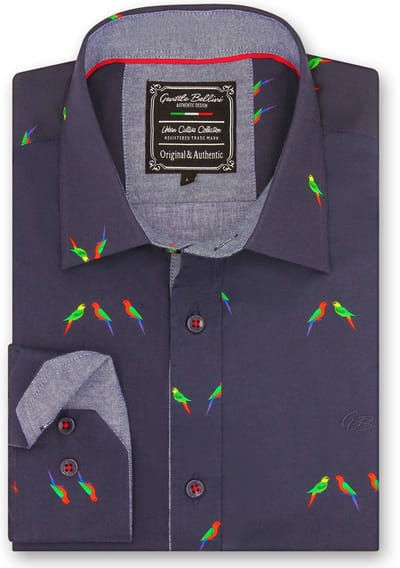 Heren Overhemd - Slim Fit - Parakeet Lovers - Blauw - Maat XXL