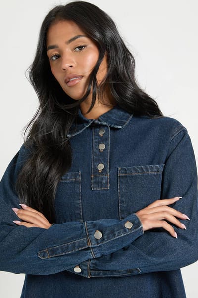 boohoo Dames Denimjurk met lange mouwen voor lange vrouwen | Indigo | Maat: 4