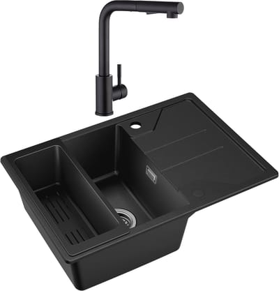 CECIPA max Granieten Spoelbak 65x45cm Zwart - Spoelbakken Keuken Met Keukenkraan - Spoelbak Met Planchet en Afvoermand - Spoelbakken Incl. Sifon en Afvoerzeefje