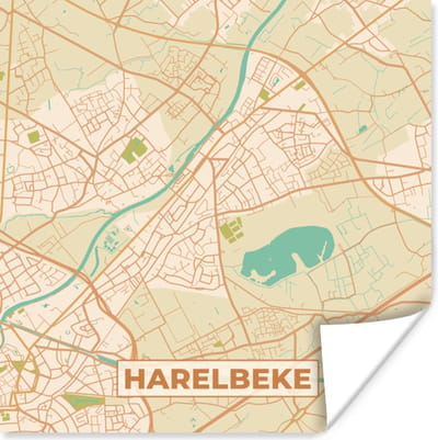 Poster Harelbeke - Kaart - Vintage - Stadskaart - Plattegrond - 100x100 cm XXL