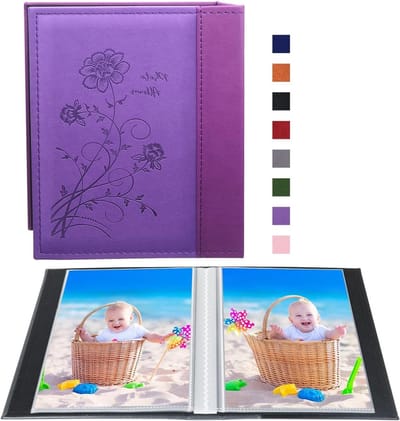 Klein fotoalbum 6x4 inch, 2 pakketten met elk 50 verticale afbeeldingen, ideaal voor kunstwerken en ansichtkaarten opslag (paars)