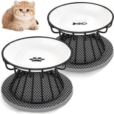 Verhoogde voerbak voor katten met 2 keramische bakken, siliconen mat en metalen standaard - ergonomische voerset voor huisdieren die nekbelasting vermindert en eetgemak biedt