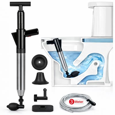 AUM® Professionele Luchtdruk Pomp Ontstopper – Inclusief 3 Meter Ontstoppingsveer - Luchtdruk Ontstopper - Gootsteen Ontstopper - Douche Ontstopper – 4 RVS Koppen, Drukmeter & Oppompbasis – Max. 8 Bar – Zwart