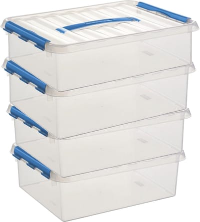 4x sunware q-line opberg box/opbergdoos - 12 liter - 40 x 30 x 14 cm - kunststof - opslagbox - transparant/blauw