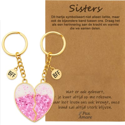 BFF Sleutelhanger voor 2 'Sisters' - Roze Glitter Hartje - Sleutelhangers op Cadeau Kaartje - Goudkleurig - Vriendschap Symbool - Pax Amare