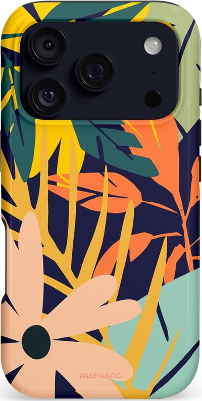 Casetastic hoesje geschikt voor Apple iPhone 17 Pro - MagSafe - Dubbellaagse bescherming - Ruwe bloemen - Fashion Case - Donkerblauw Perzik Geel Mintgroen