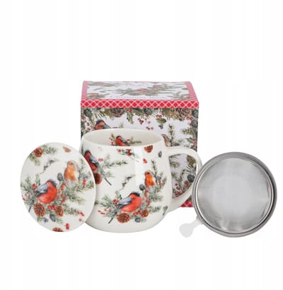 Duo Christmas Birds Mok met Zeef en Deksel - 430ml Porselein