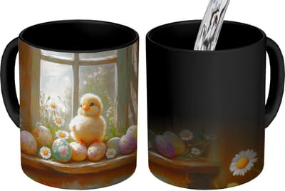 Magische Mok - Foto op Warmte Mokken - Koffiemok - Kuiken - Raam - Paaseieren - Magic Mok - Beker - 350 ML - Theemok