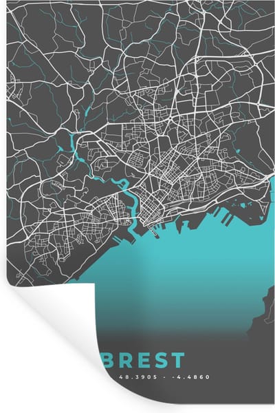 Muurstickers - Sticker Folie - Kaart - Stadskaart - Brest - Frankrijk - Plattegrond - 20x30 cm - Plakfolie - Muurstickers Kinderkamer - Zelfklevend Behang - Zelfklevend behangpapier - Stickerfolie