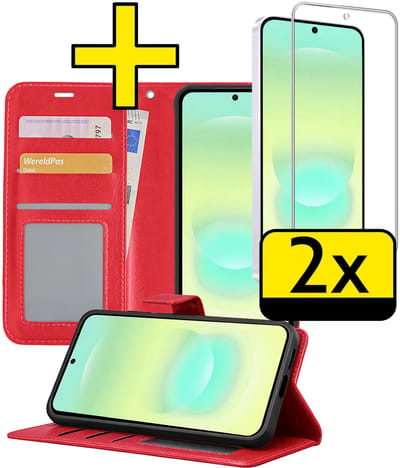 Hoesje - Met 2x Screenprotector - Geschikt voor Samsung Galaxy A37 - Luxe Pasjeshouder - Bookcase Portemonee - Flip Case - Kunstleer Book Case - Flipcase Hoes - Book Cover - Walletcase - Portemonneehoes - Telefoonhoesjes - Rood