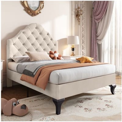 Lit capitonné - MUVOE - 90x200 cm - Velours Beige - Tête de lit réglable - 1 place beige