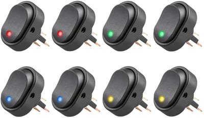 Ronde 12V 30A Waterdichte Rocker Switch met LED Verlichting in Blauw, Groen, Geel en Rood - Set van 8 voor Auto, Boot en Motorfiets