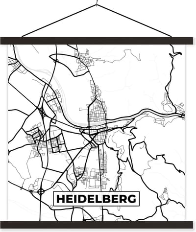 Posterhanger incl. Poster 60x60 cm - Schoolplaat - Plattegrond - Kaart - Heidelberg - Stadskaart - Textielposter - Zwarte latten - Stadskaart