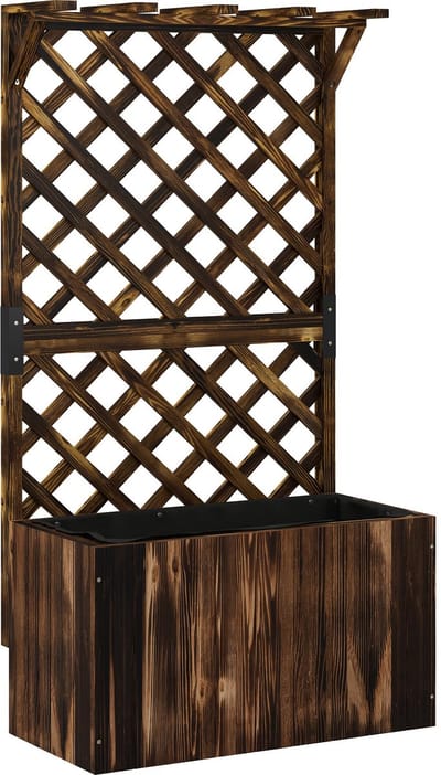 Plantenbak met klimrek - Weerbestendig - Bloembak - Met trellis - Buiten - Hout - Plantenrek - Rechthoekig - Verkoold