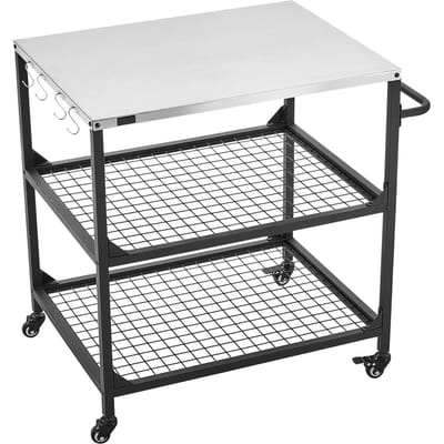 Chariot de Grillade d'Extérieur, Table de Grillade en Acier Inoxydable de 800 x 610mm, Table de Cuisson d'Extérieur avec 4 Roues & Poignée Latérale, Deux Étagères en Maille, BBQ