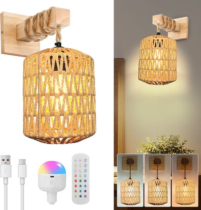 Rosnek Oosterse Wandlamp Lantaarn Dimbaar - Rotan Look - Draadloos- Met Afstandsbediening & RGB Kleuren - Sfeerverlichting Bruin (Japandi Stijl) - Set van 1