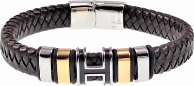 Leren Armband Heren - Gevlochten - Donkerbruin Leer - RVS Hangers