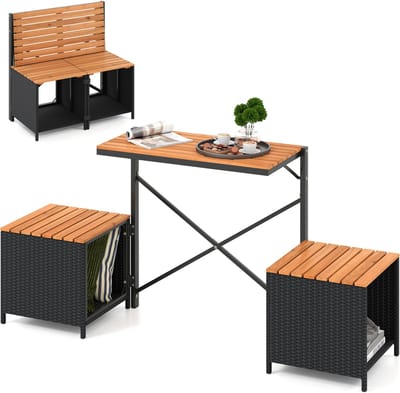 COSTWAY 2-in-1 Tuinbank, omvormbare picknicktafel & zitbank (Zwart) | Balkonset, balkonmeubelen voor kleine balkons, zitgroep, zitmeubilair voor tuin, terras