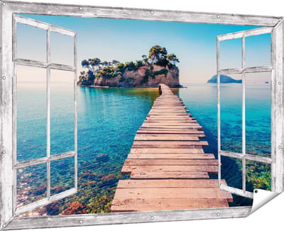Gards Tuinposter Doorkijk Pad op het Water naar een Grieks Eiland - 180x120 cm - Tuindoek - Tuindecoratie - Wanddecoratie buiten - Tuinschilderij