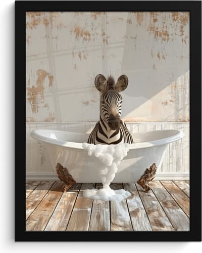 Poster in lijst - Fotolijst 30x40 cm - Posters - Vintage - Zebra - Wilde dieren - Badkuip - Posterlijst zwart - Wanddecoratie badkamer - Muurdecoratie WC - Decoratieve accessoires - Toilet muur decoratie