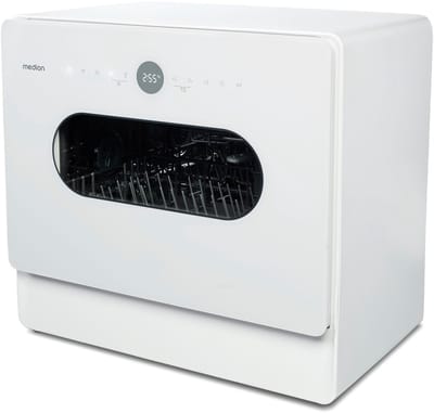 MEDION Mini Vaatwasser DWT51 (tafelmodel vaatwasser met touchbediening, emmerfunctie, 5 couverts, werkt met/zonder wateraansluiting, 7 reinigingsprogramma's, voorkeuze starttijd, MD 37766) wit